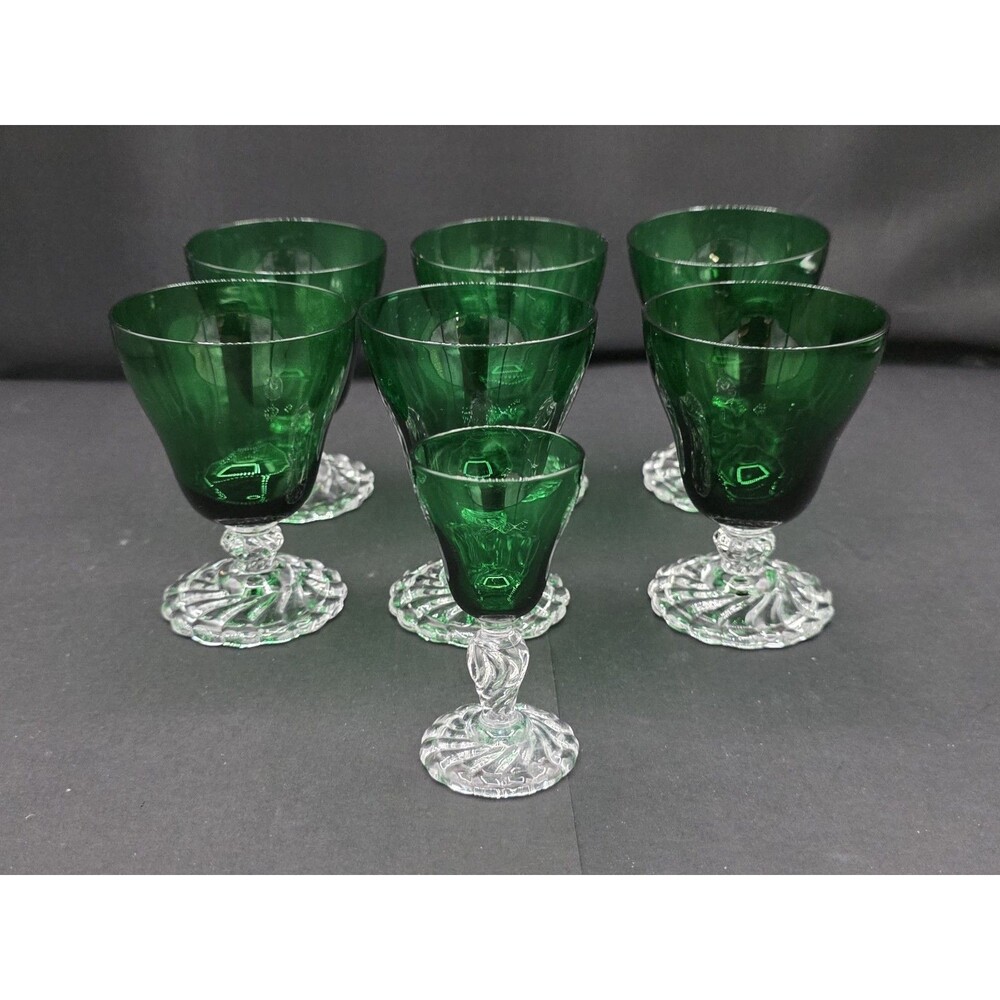 Fostoria Colonial Dame Green 6 Oyster Fruit Cocktail Glasses 3-3/4" & Shot Glass